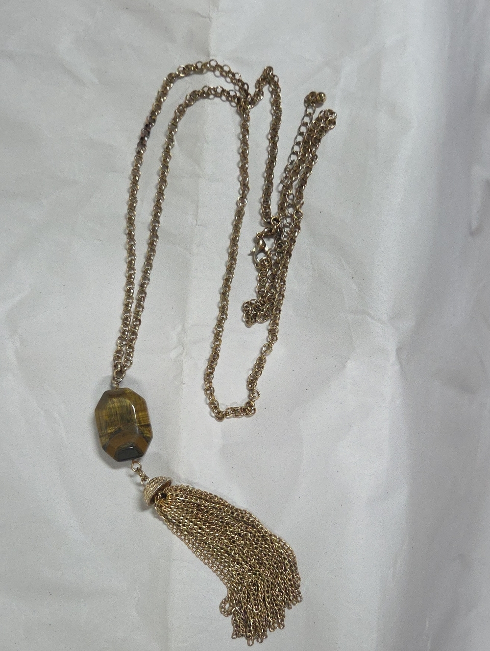 Gold Tassel Pendant Necklace with tiger's eye Brown Stone Accent